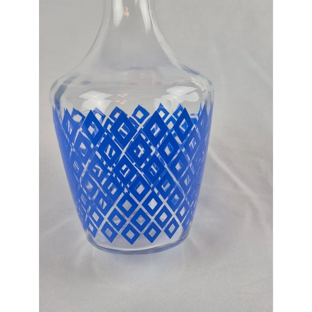 Vintage French Blue Diamond Glass Carafe Decanter Cobalt Lattice MCM Bud Vase